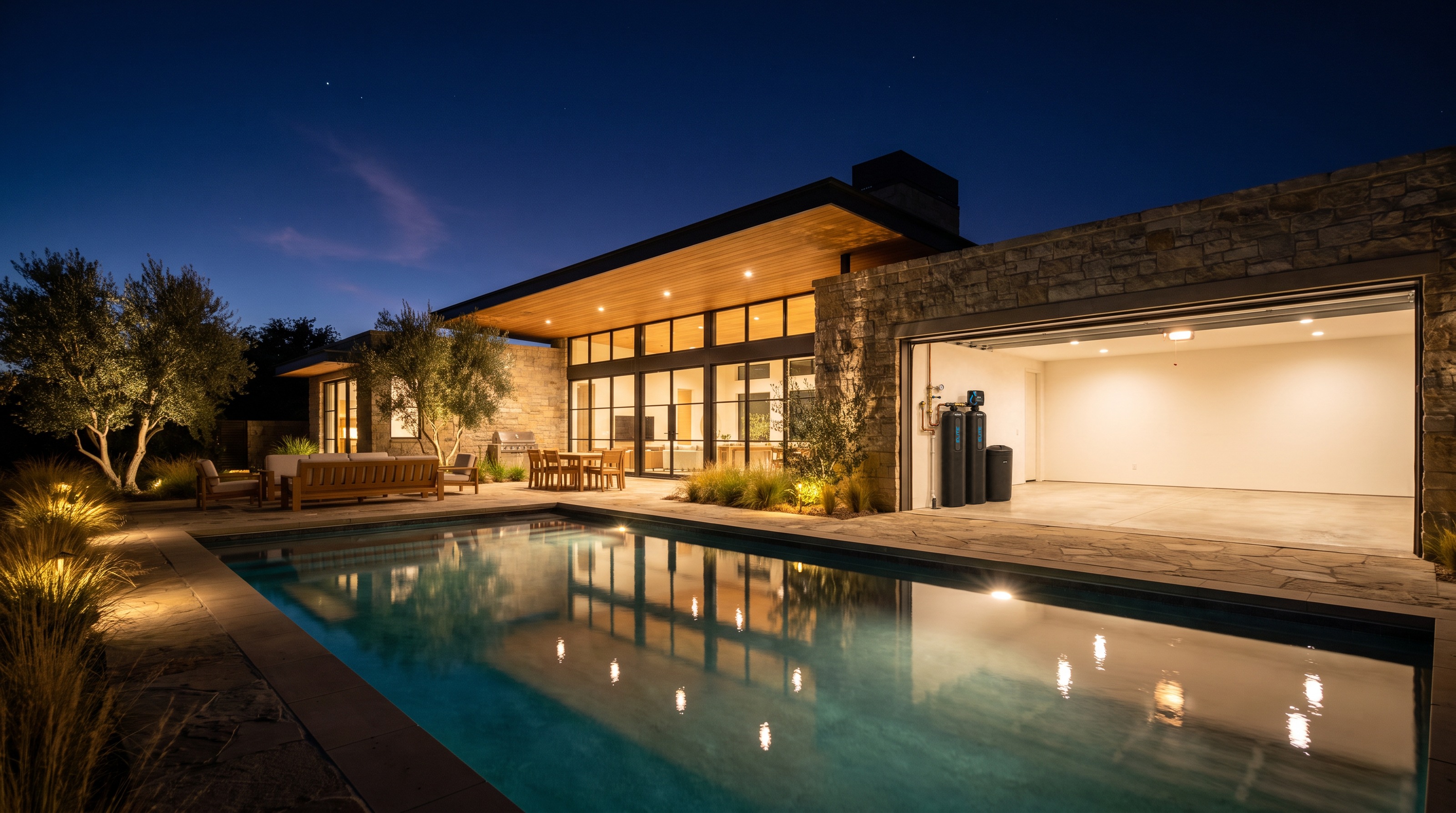 A modern luxury home at night with an open garage showing an Evince water system plumbed in