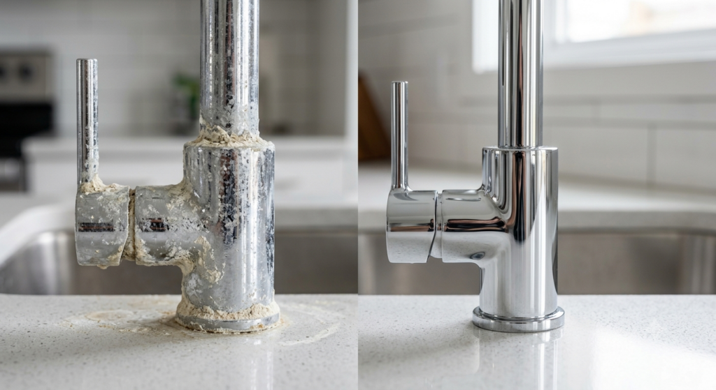 Mineral scale buildup caused by hard water on a bathroom faucet compared with a clean faucet after water treatment.