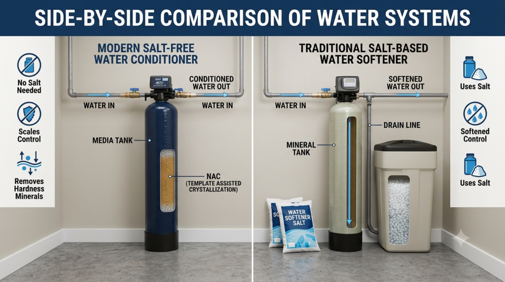 Side-by-side comparison of a salt-free water filtration system and a traditional salt-based water softener.