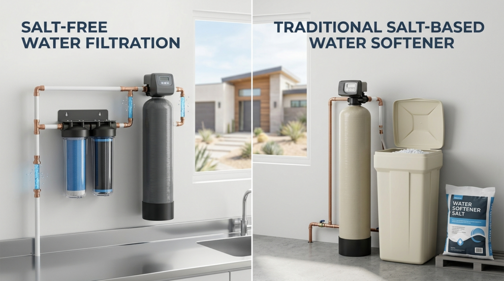 Comparison of a salt-free water filtration system and a salt-based water softener installed in a modern California home.