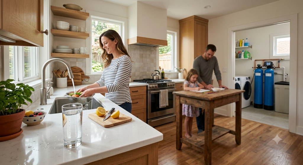 Modern kitchen with clean drinking water supported by a whole-house water filtration system for California homeowners